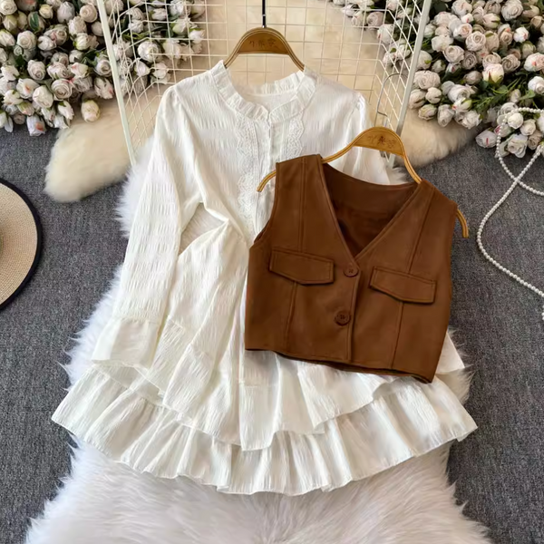 Ruffled Shirt Dress & Suede Vest 2Pcs