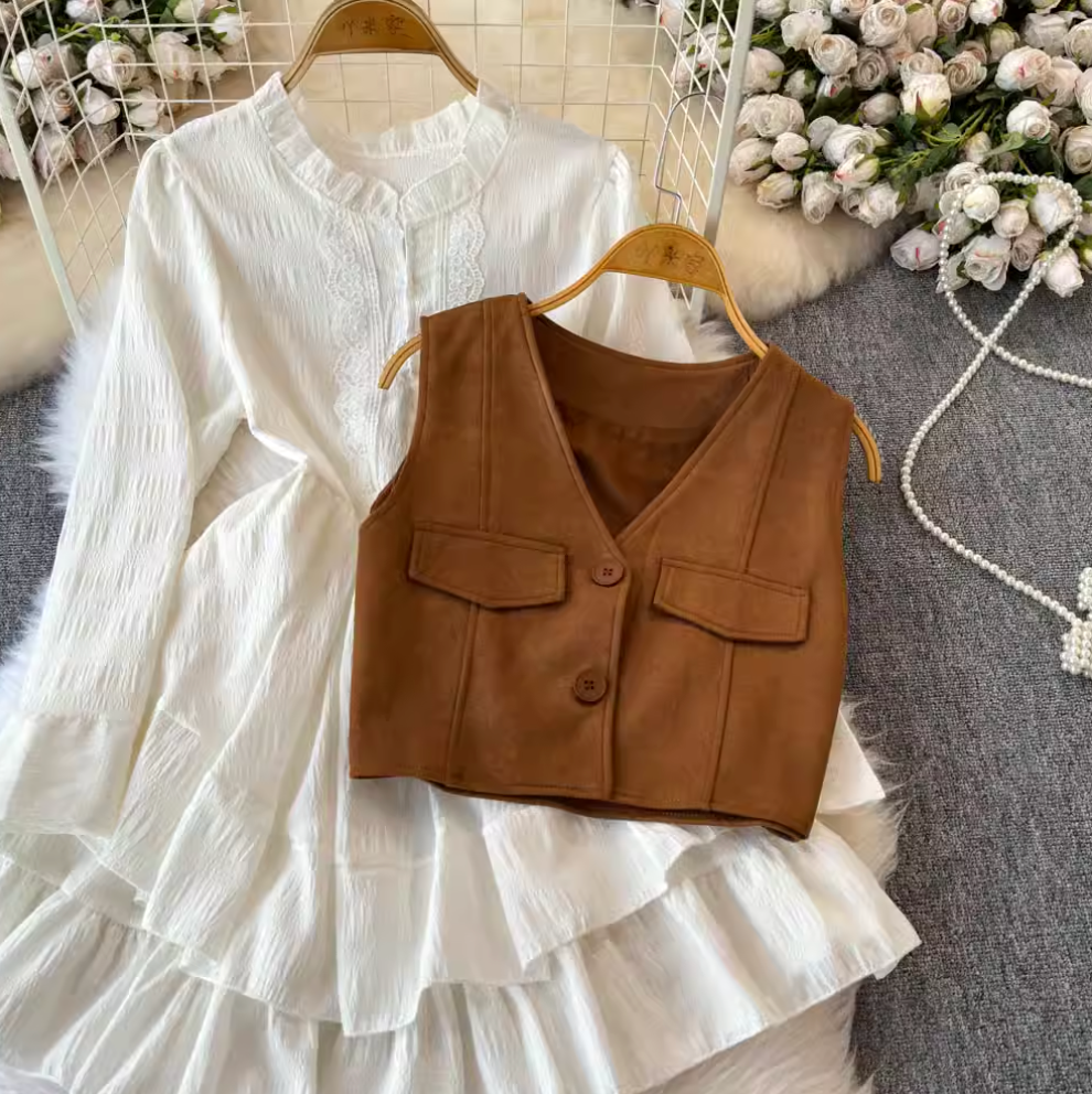 Ruffled Shirt Dress & Suede Vest 2Pcs