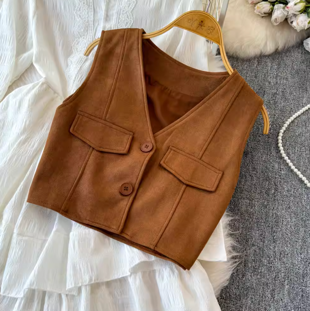 Ruffled Shirt Dress & Suede Vest 2Pcs