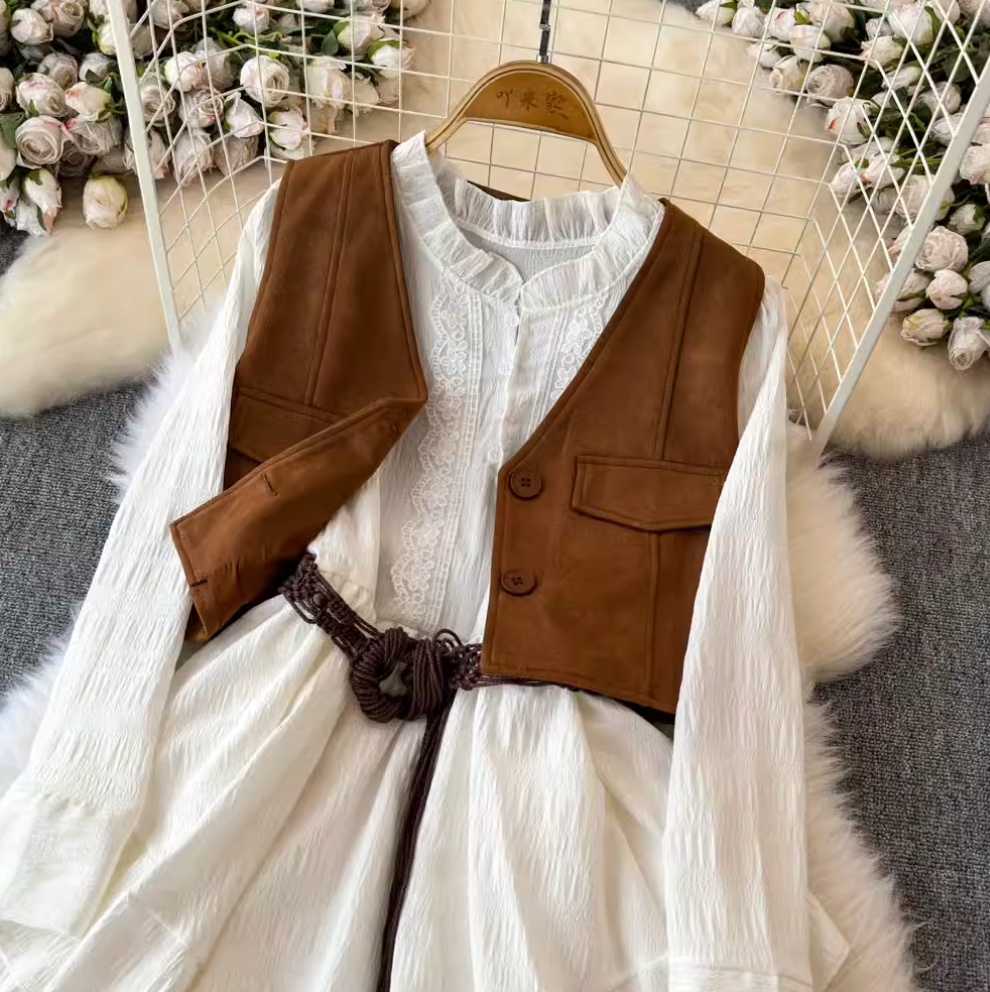 Ruffled Shirt Dress & Suede Vest 2Pcs