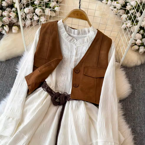 Ruffled Shirt Dress & Suede Vest 2Pcs