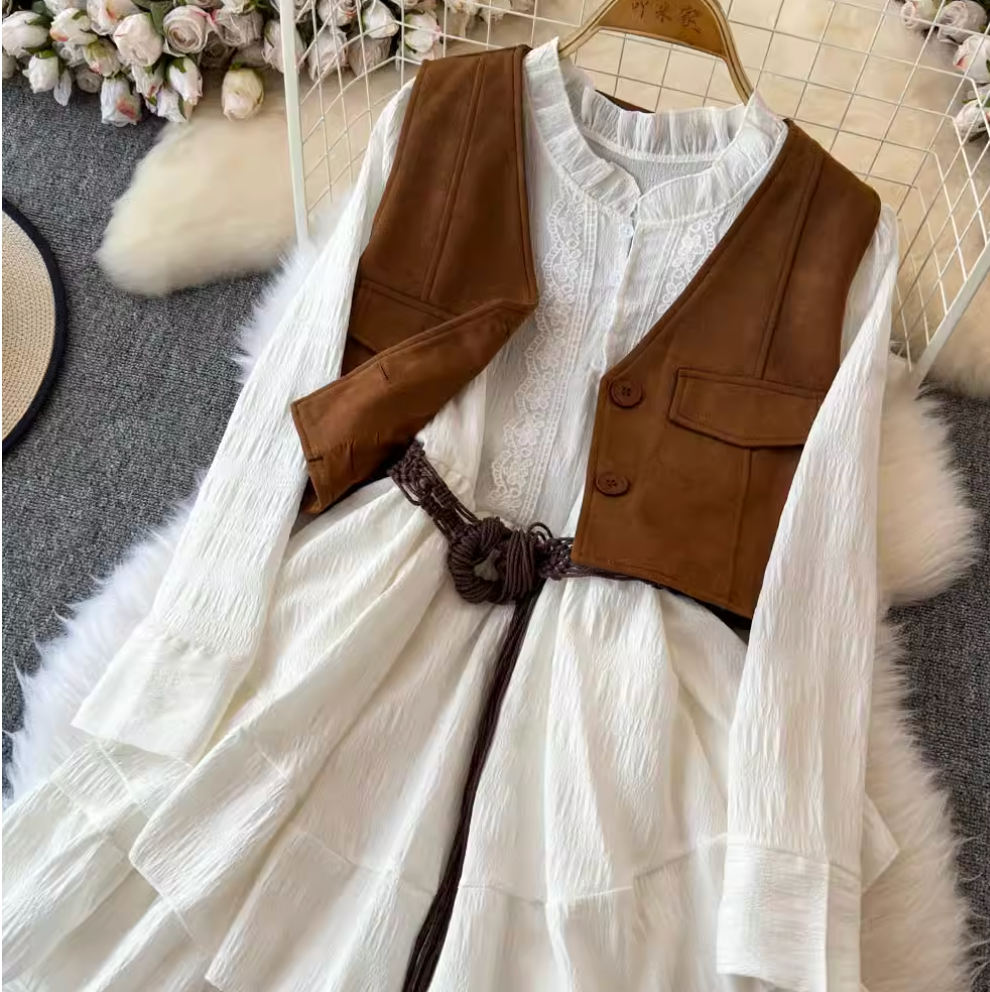 Ruffled Shirt Dress & Suede Vest 2Pcs