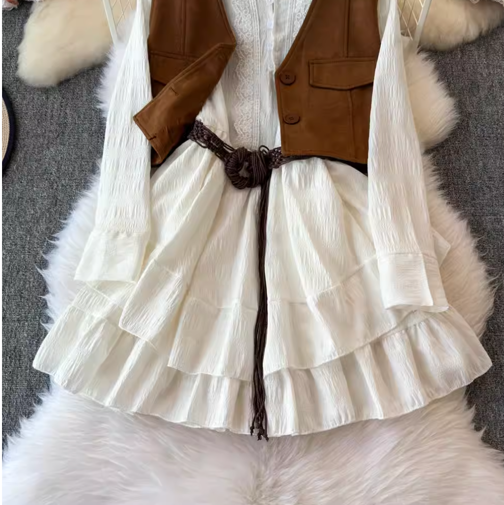 Ruffled Shirt Dress & Suede Vest 2Pcs