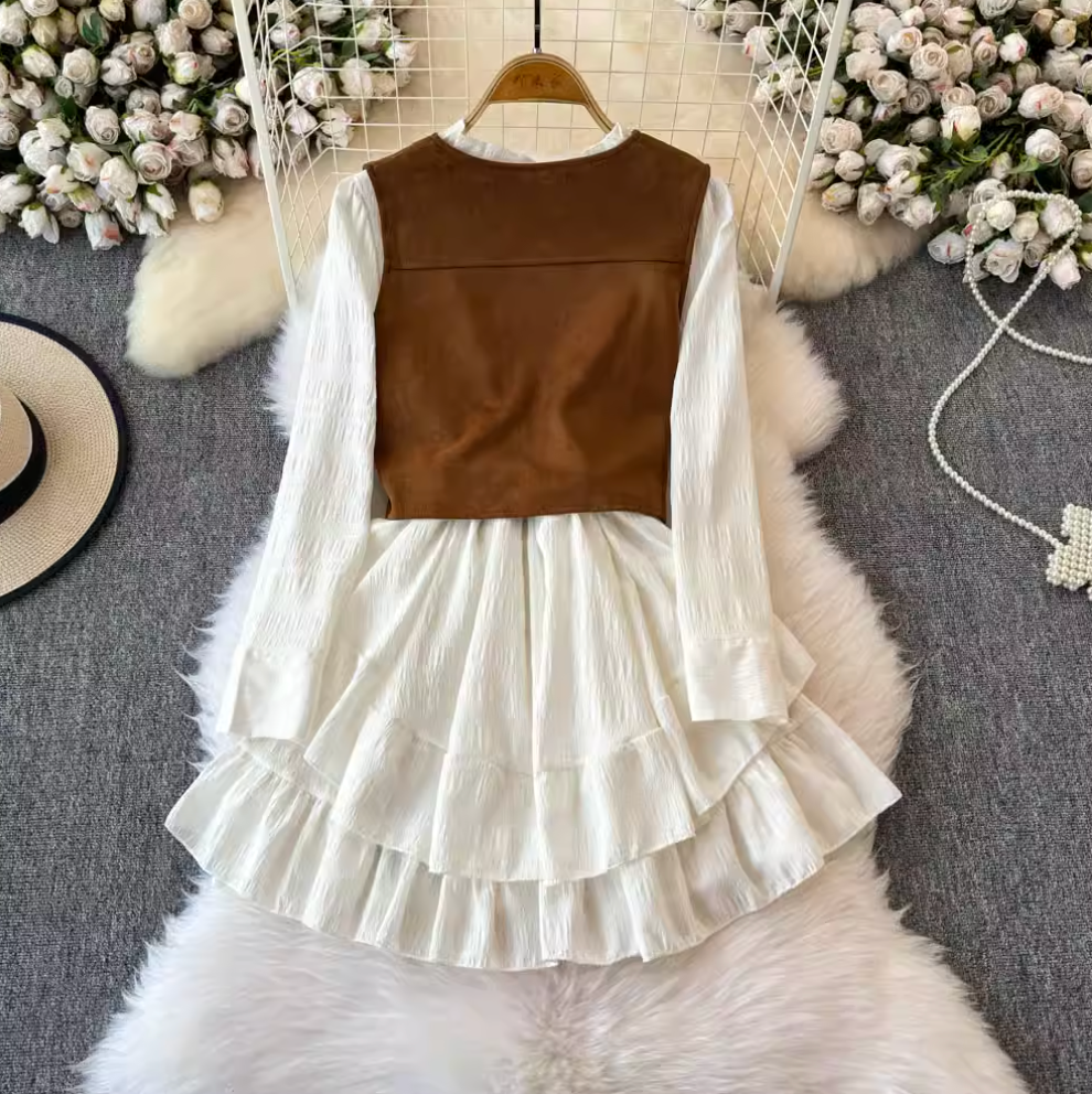 Ruffled Shirt Dress & Suede Vest 2Pcs