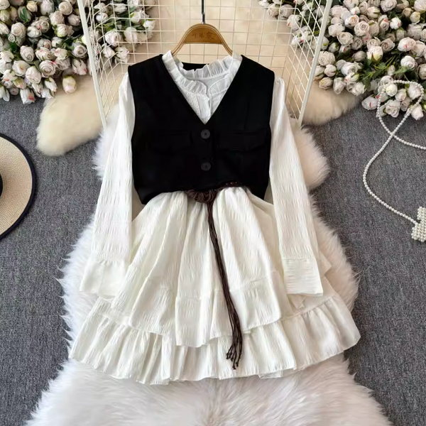 Ruffled Shirt Dress & Suede Vest 2Pcs