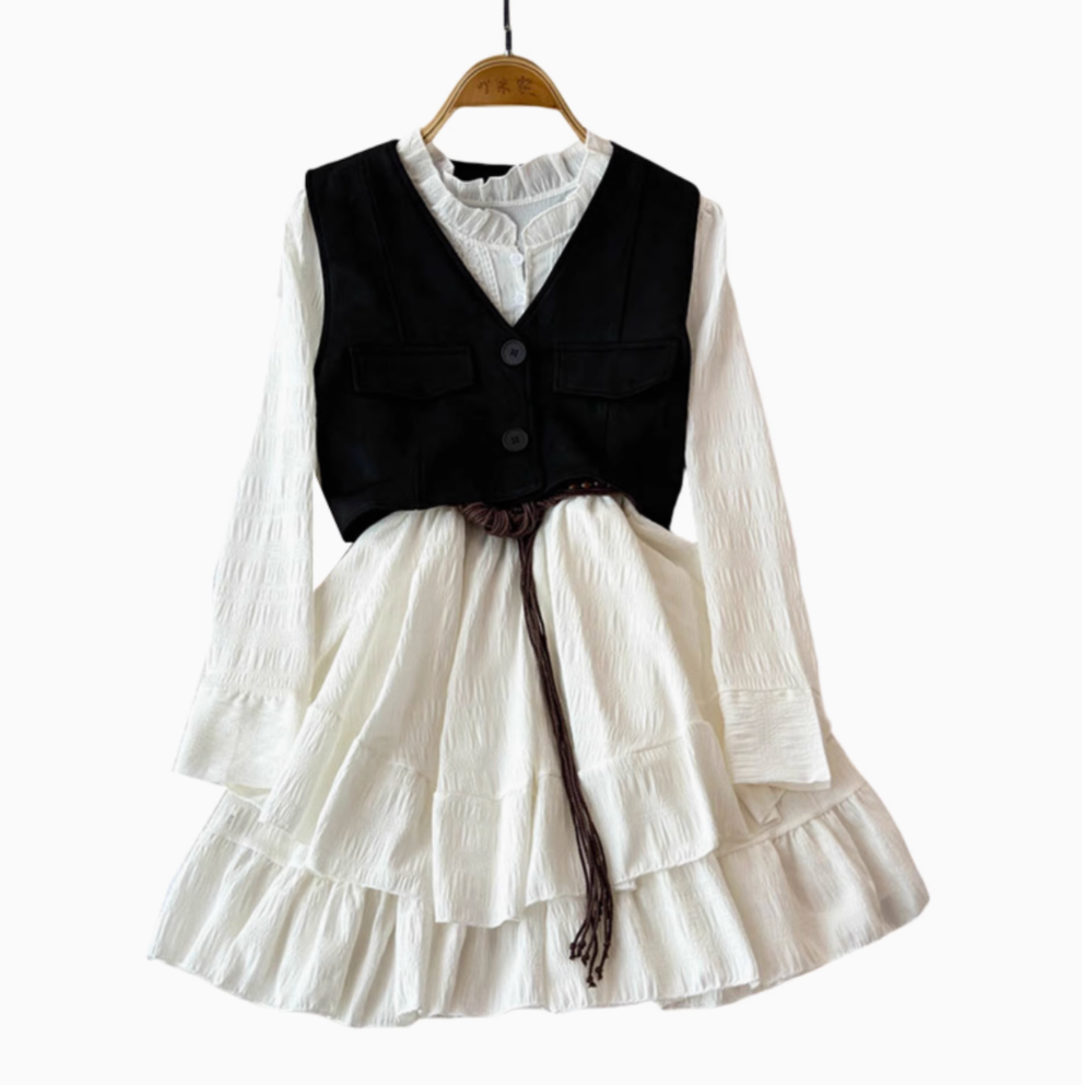 Ruffled Shirt Dress & Suede Vest 2Pcs