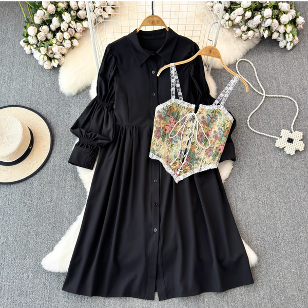 Black Shirt Dress & Floral Camisole 2Pcs