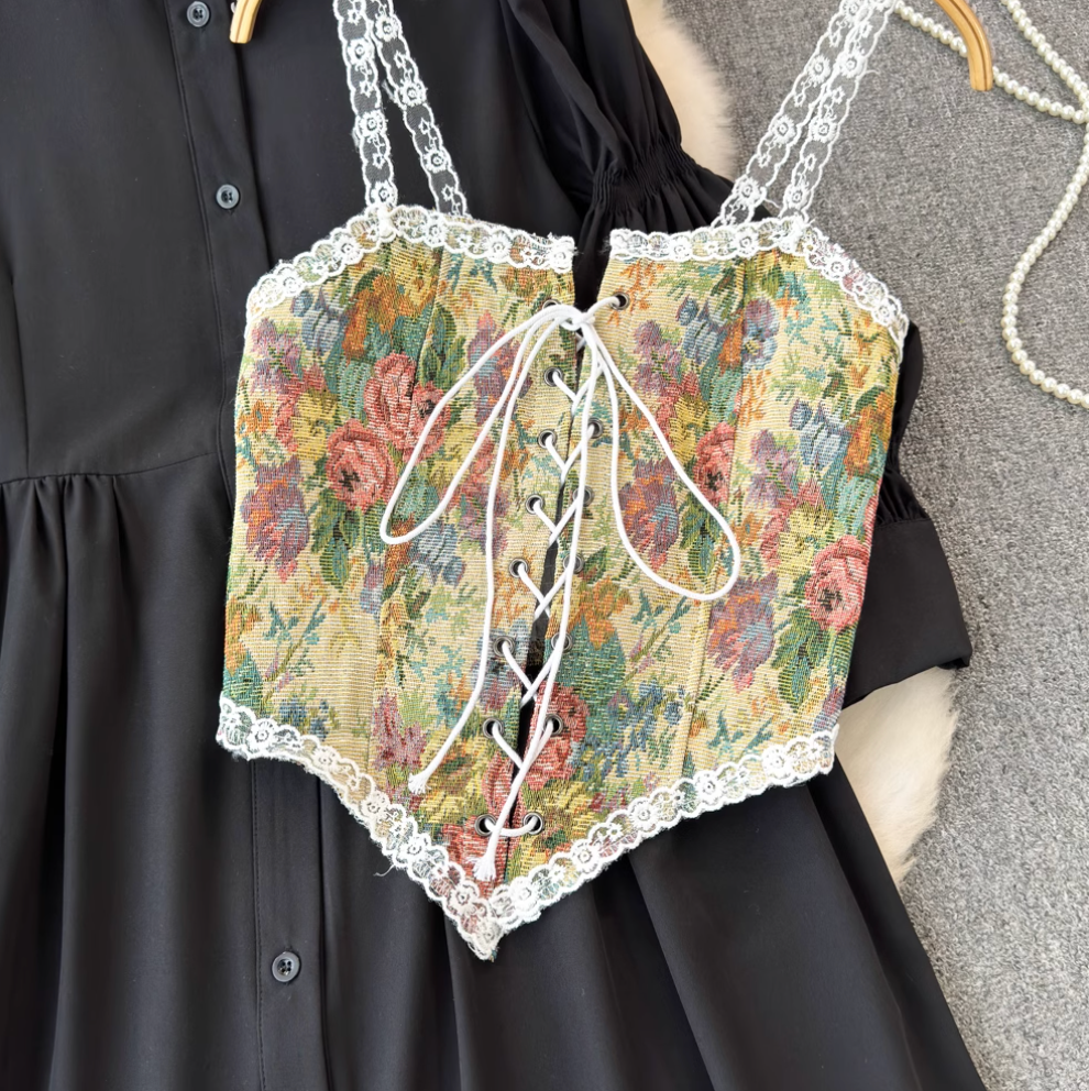 Black Shirt Dress & Floral Camisole 2Pcs