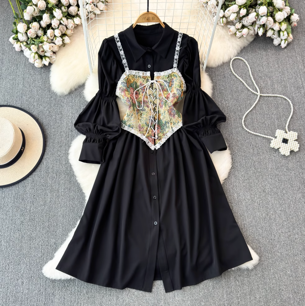 Black Shirt Dress & Floral Camisole 2Pcs