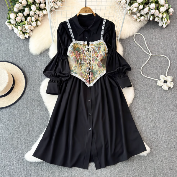 Black Shirt Dress & Floral Camisole 2Pcs