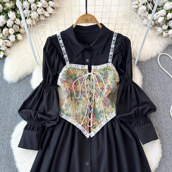 Black Shirt Dress & Floral Camisole 2Pcs