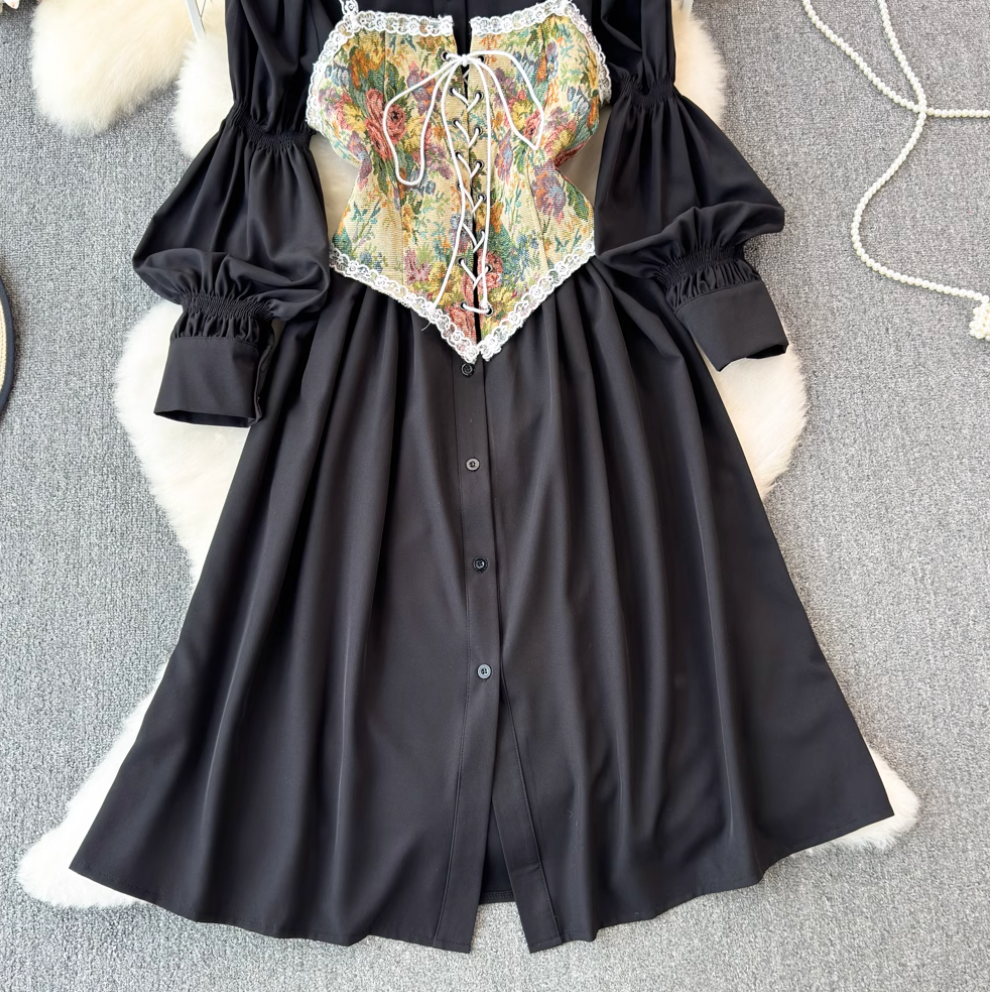 Black Shirt Dress & Floral Camisole 2Pcs