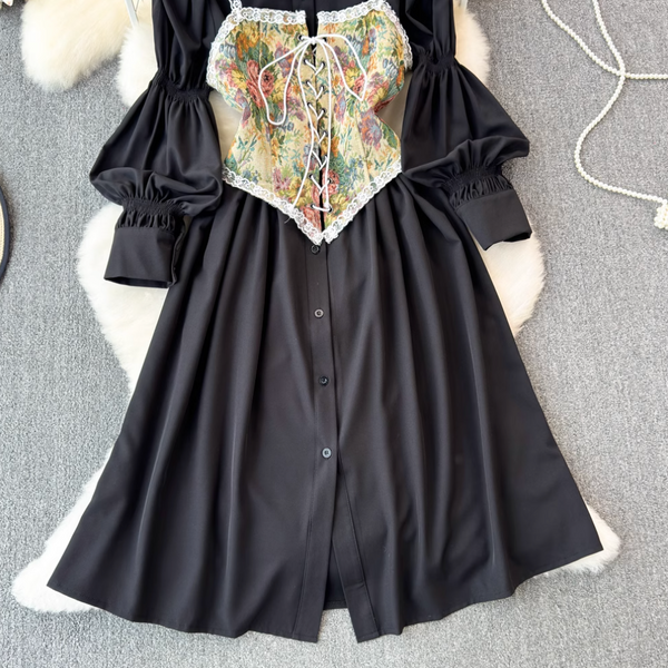 Black Shirt Dress & Floral Camisole 2Pcs