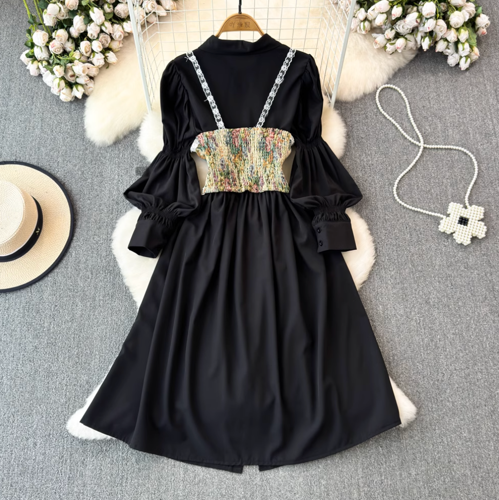 Black Shirt Dress & Floral Camisole 2Pcs