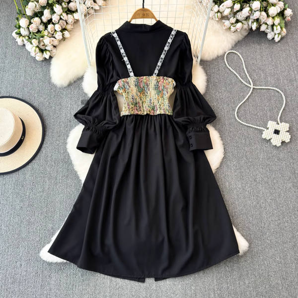 Black Shirt Dress & Floral Camisole 2Pcs