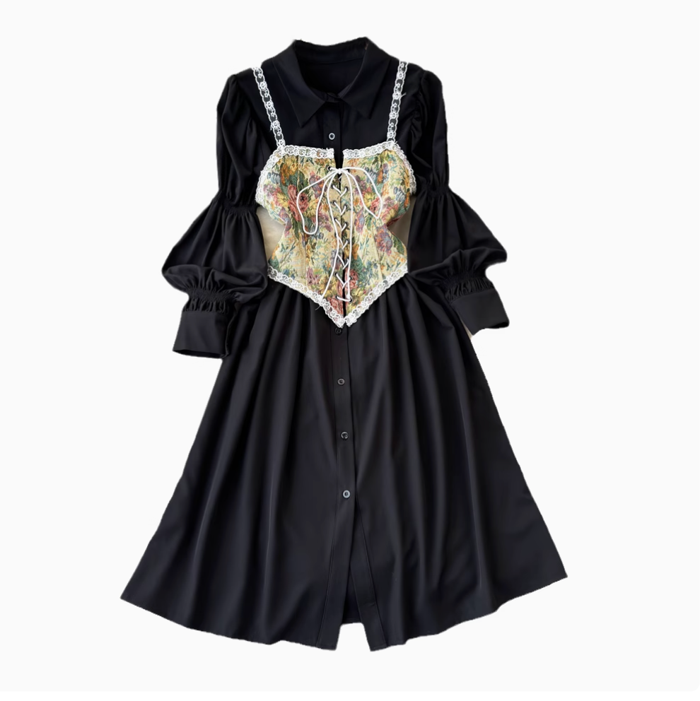 Black Shirt Dress & Floral Camisole 2Pcs