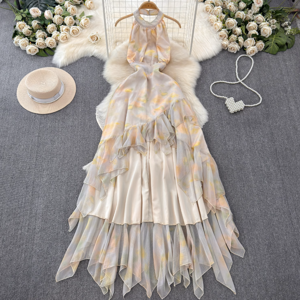 Irregular Design Backless Printed Halter Dress