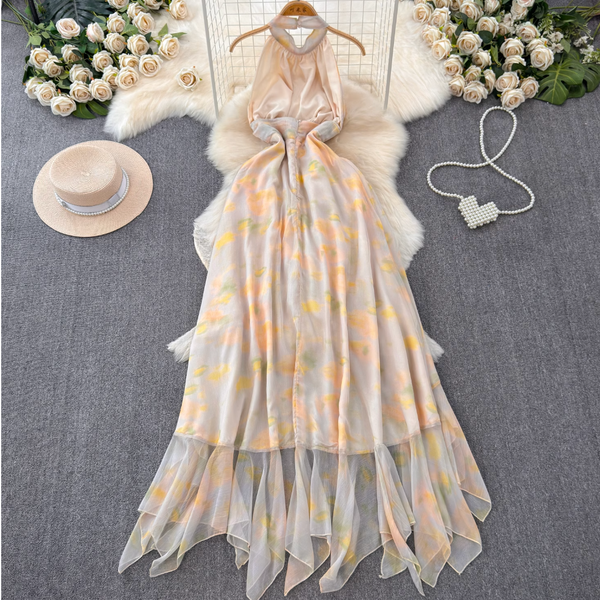 Irregular Design Backless Printed Halter Dress
