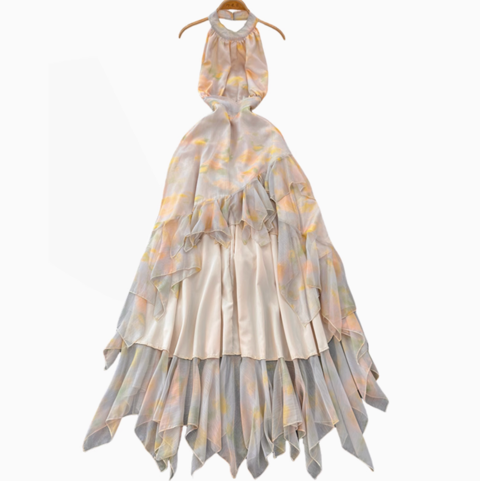 Irregular Design Backless Printed Halter Dress