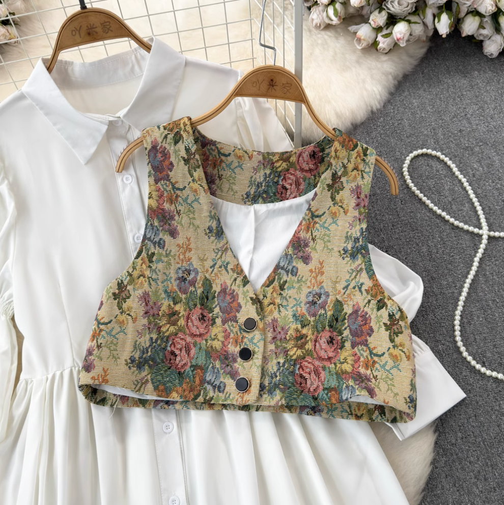 V-neck Floral Camisole & Shirt Dress 2Pcs