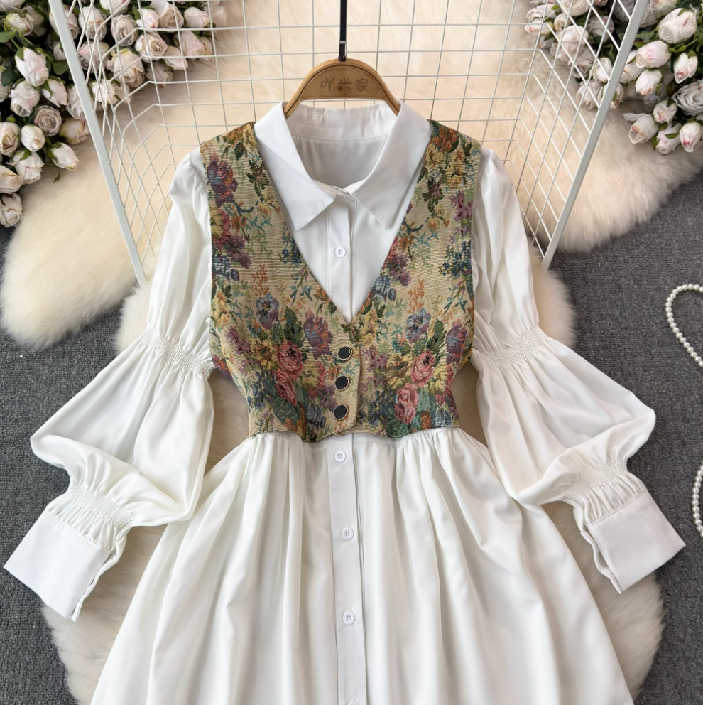V-neck Floral Camisole & Shirt Dress 2Pcs