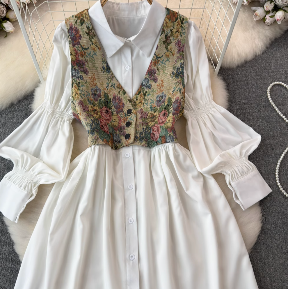 V-neck Floral Camisole & Shirt Dress 2Pcs