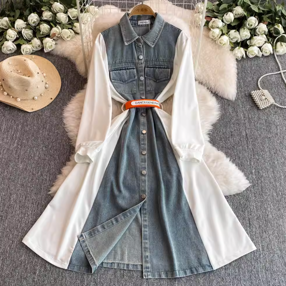 Denim Patchwork Shirt Dress with Pockets