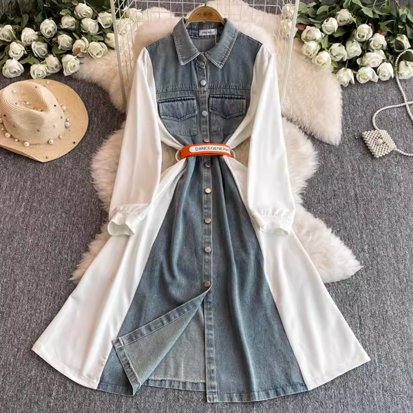 Denim Patchwork Shirt Dress with Pockets