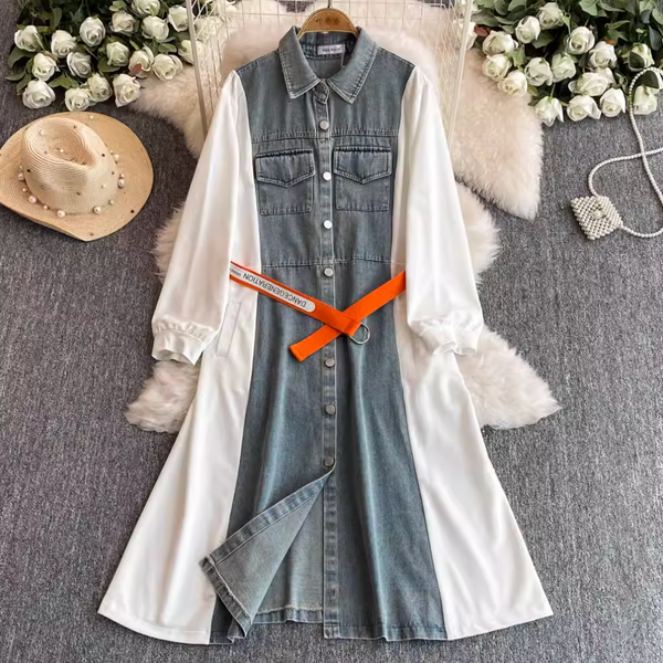 Denim Patchwork Shirt Dress with Pockets