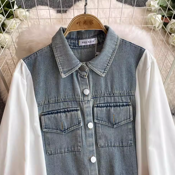 Denim Patchwork Shirt Dress with Pockets