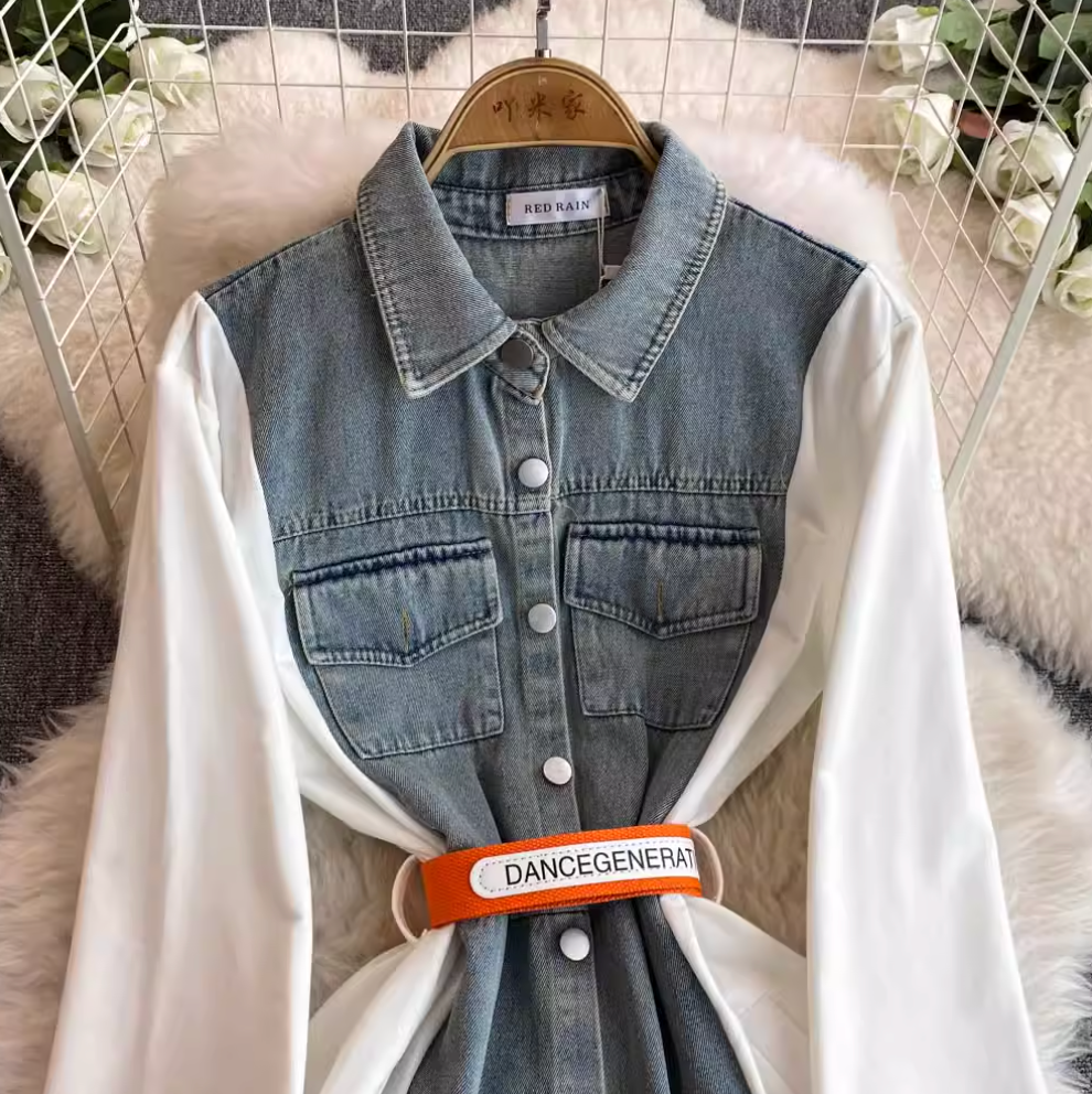 Denim Patchwork Shirt Dress with Pockets