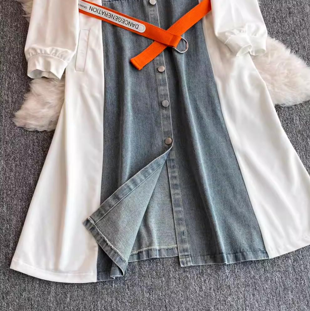 Denim Patchwork Shirt Dress with Pockets