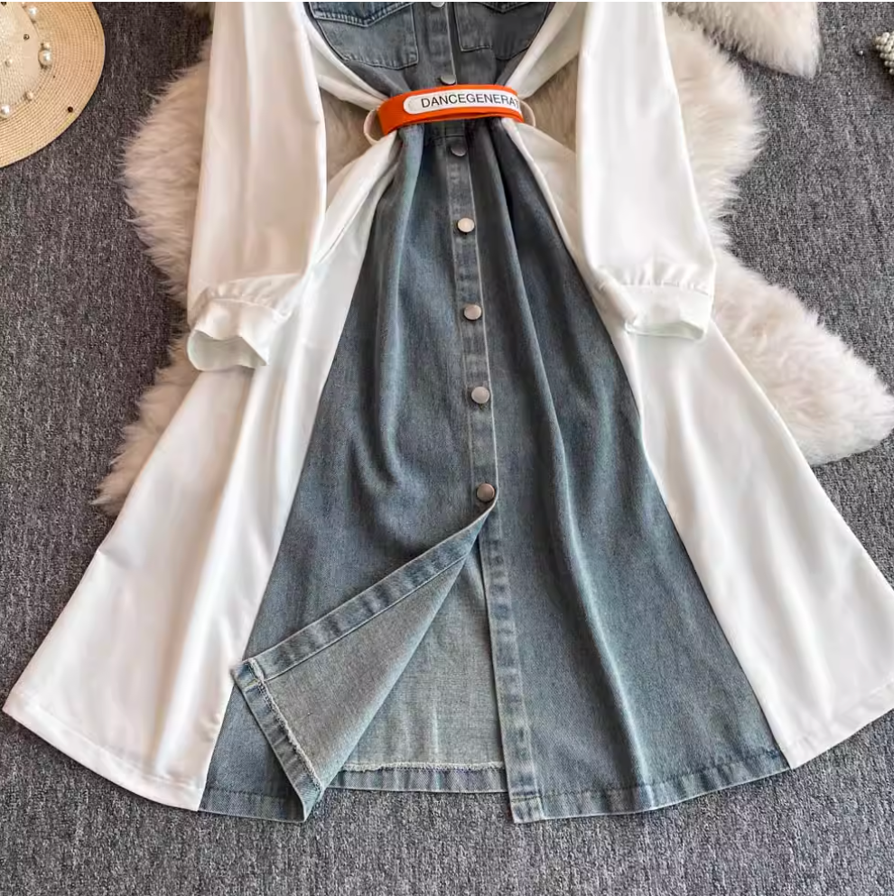 Denim Patchwork Shirt Dress with Pockets