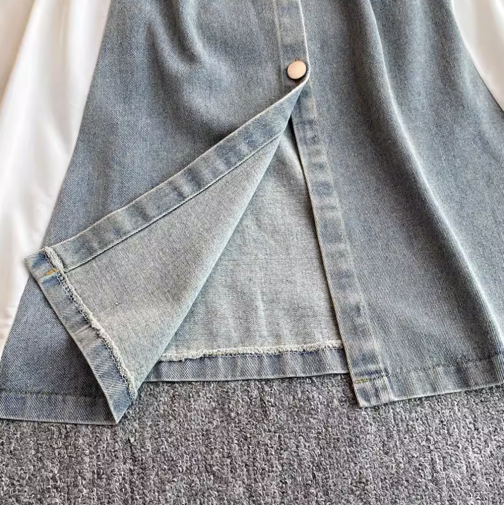 Denim Patchwork Shirt Dress with Pockets