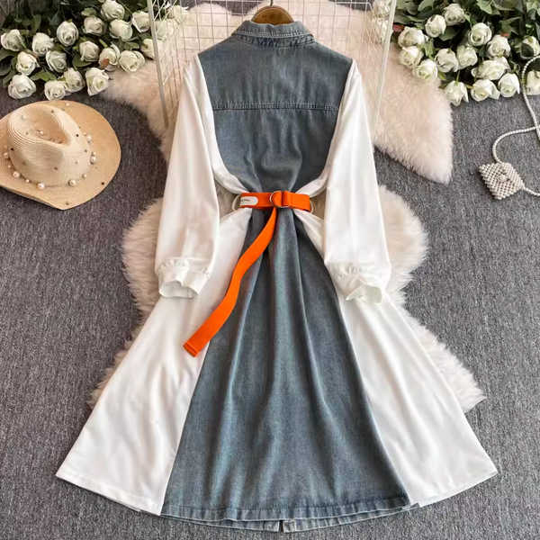 Denim Patchwork Shirt Dress with Pockets