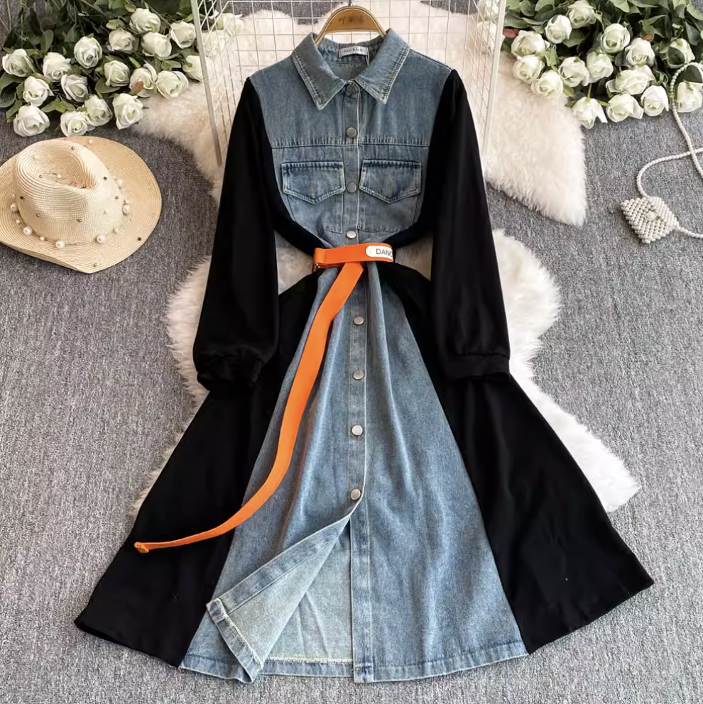 Denim Patchwork Shirt Dress with Pockets
