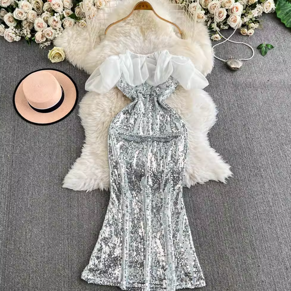 Off-shoulder Ruffled Silver Sequined Dress