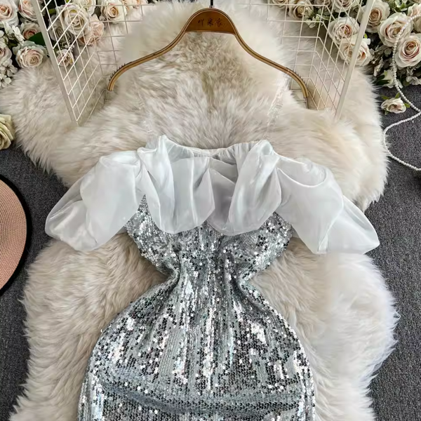 Off-shoulder Ruffled Silver Sequined Dress