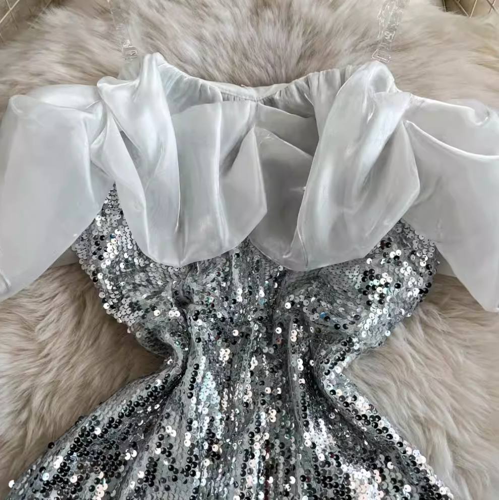 Off-shoulder Ruffled Silver Sequined Dress