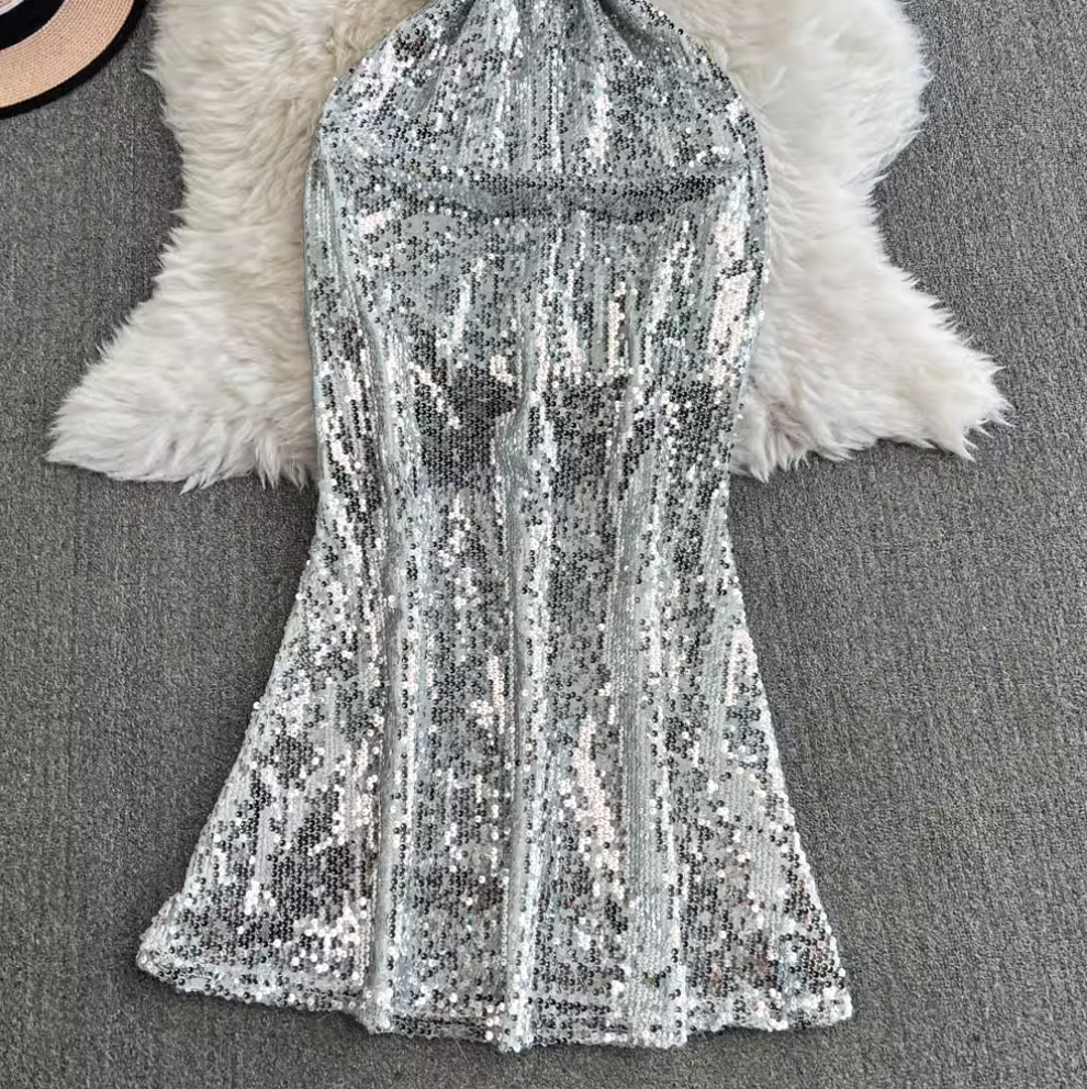 Off-shoulder Ruffled Silver Sequined Dress