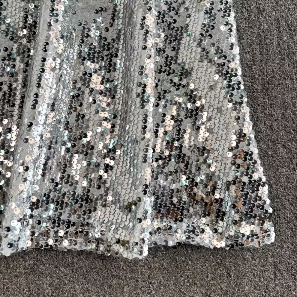 Off-shoulder Ruffled Silver Sequined Dress