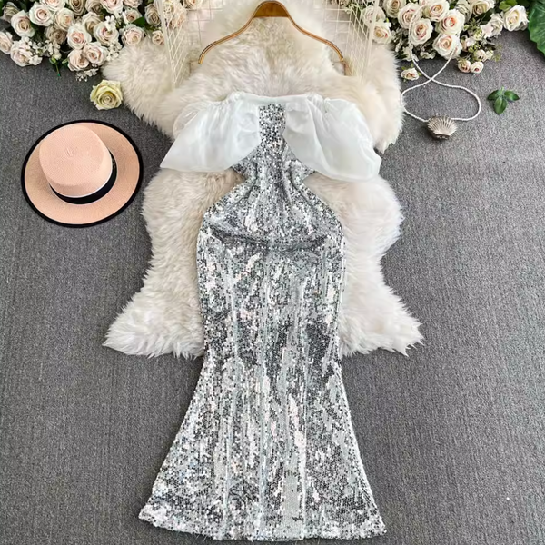 Off-shoulder Ruffled Silver Sequined Dress