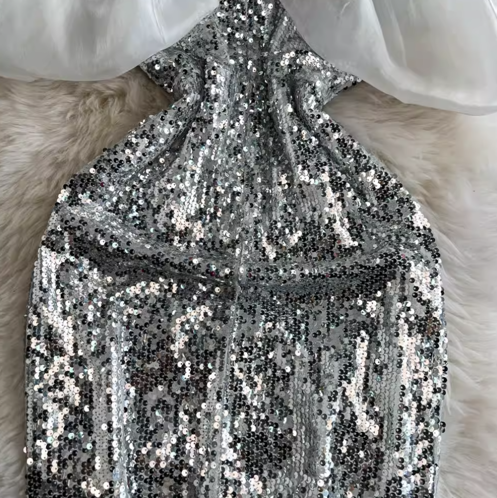 Off-shoulder Ruffled Silver Sequined Dress