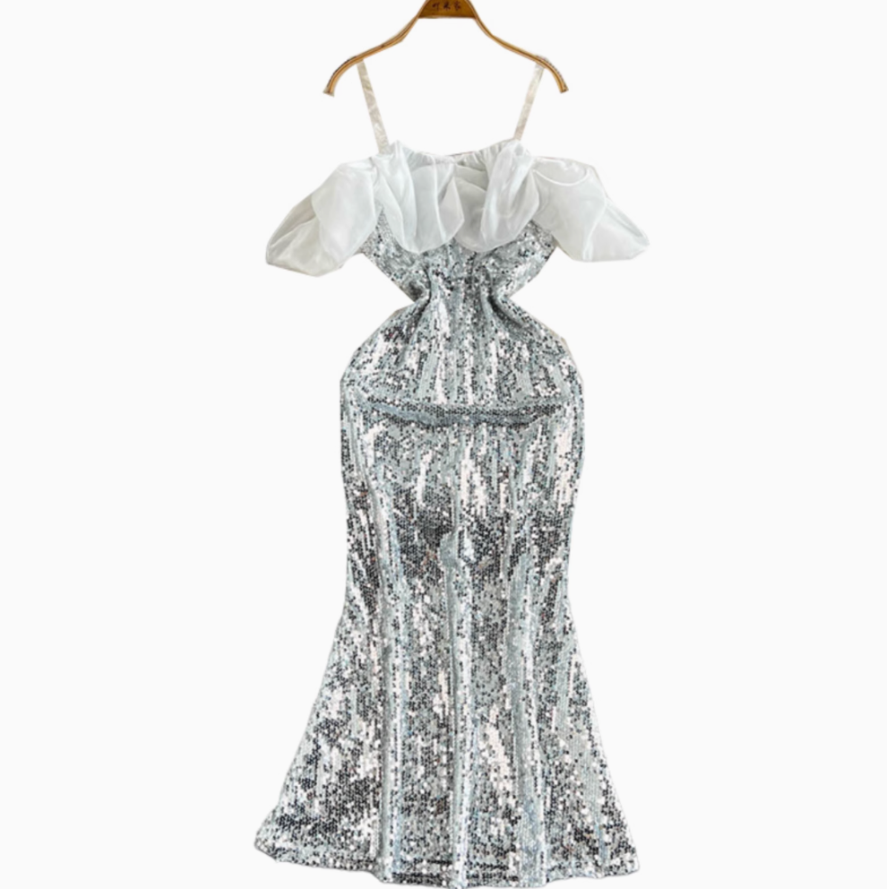 Off-shoulder Ruffled Silver Sequined Dress