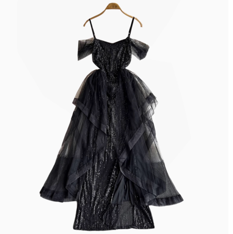 Ruffled Neckline Black Sequined Party Dress