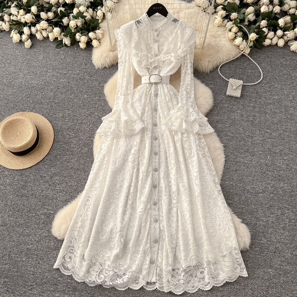 Premium Ruffled Embroidered Lace Shirt Dress