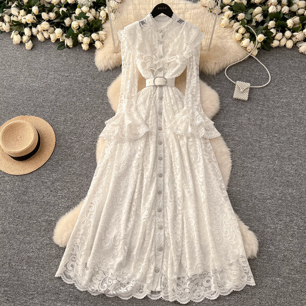 Premium Ruffled Embroidered Lace Shirt Dress