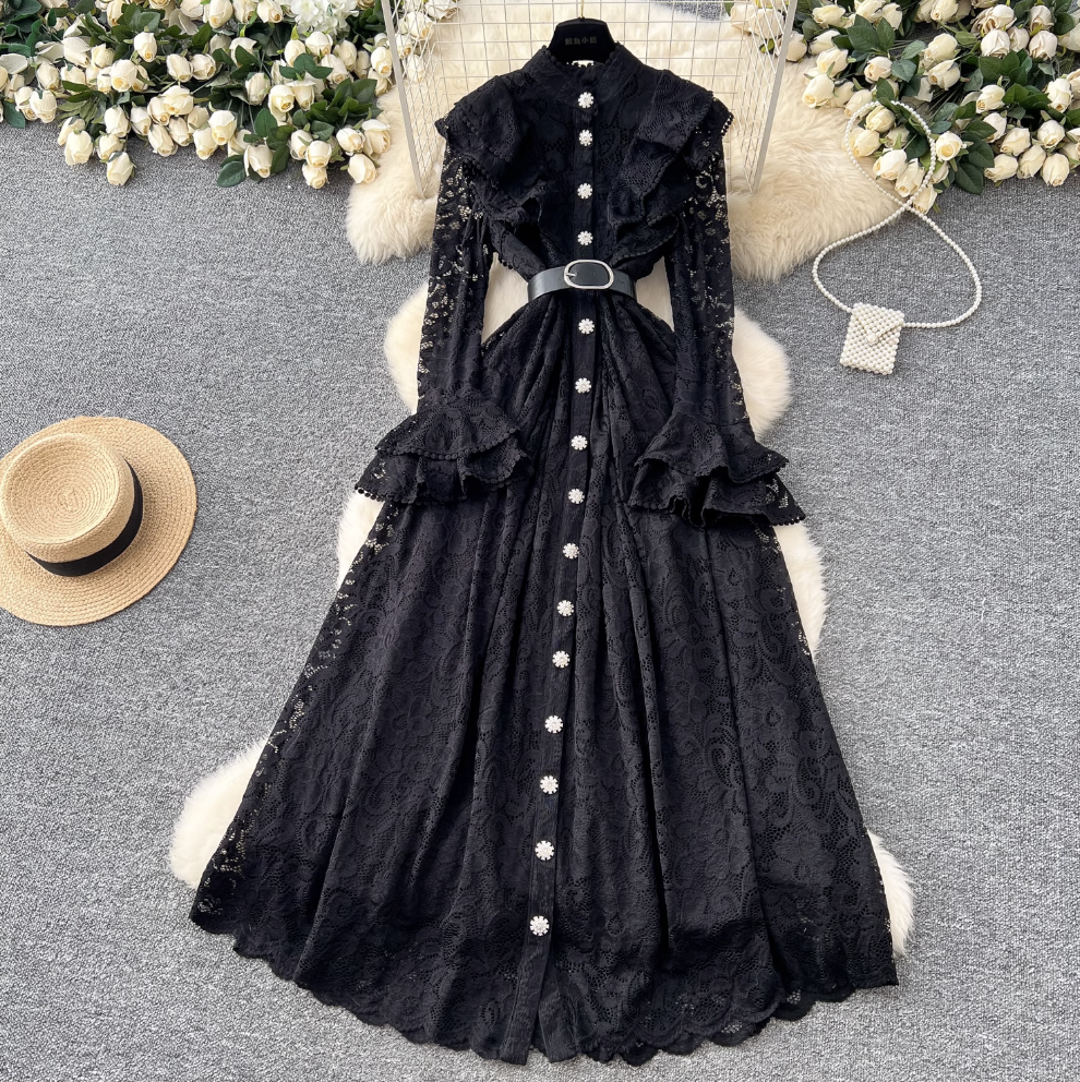 Premium Ruffled Embroidered Lace Shirt Dress
