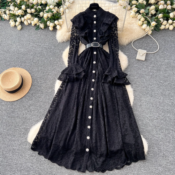 Premium Ruffled Embroidered Lace Shirt Dress