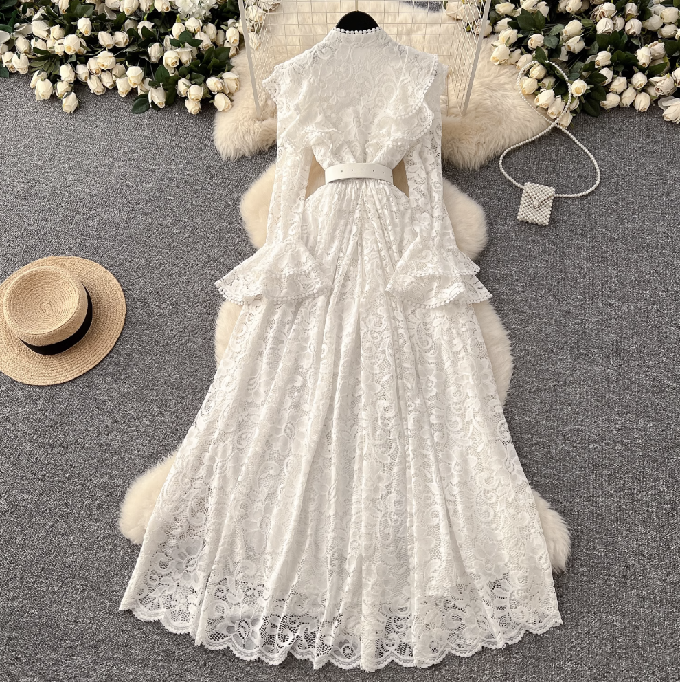 Premium Ruffled Embroidered Lace Shirt Dress